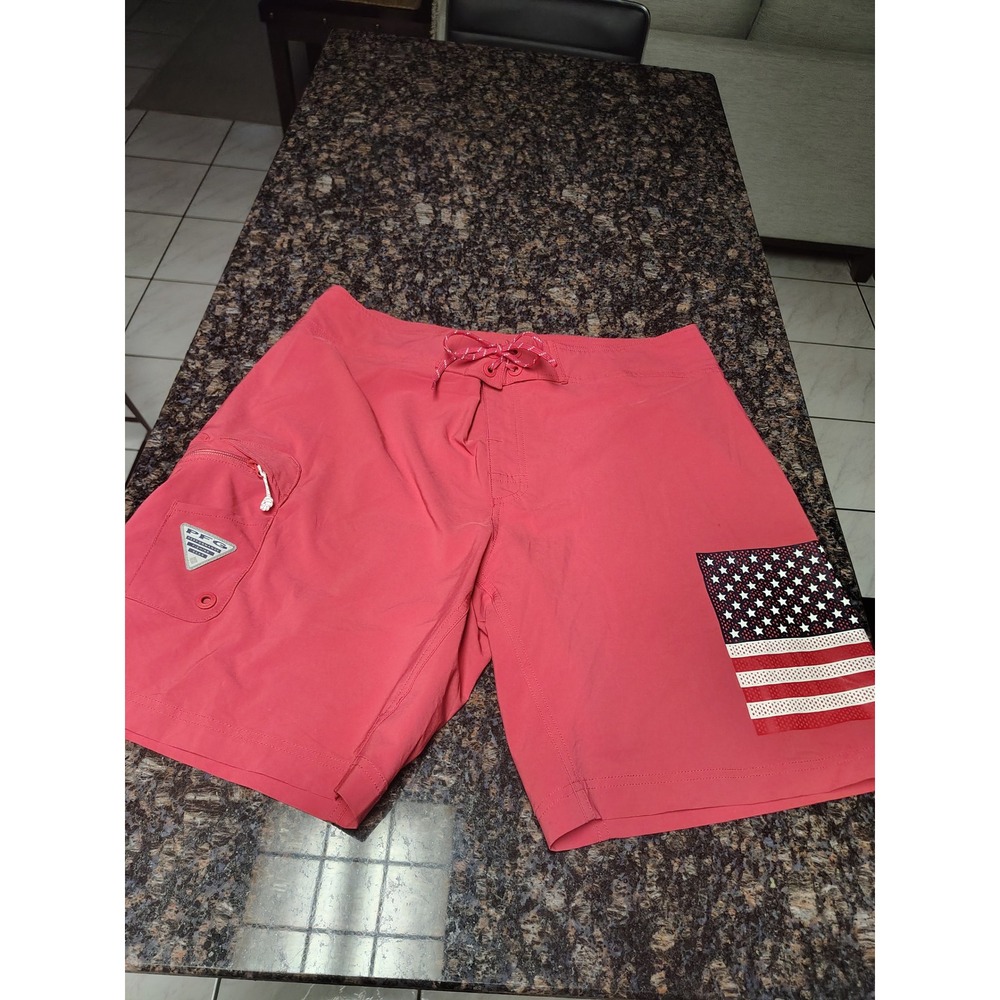 Columbia PFG Mens American Flag Board Shorts Salmon Red Fishing Trunks 38